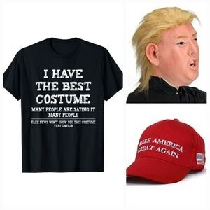 🩵Trump Mask, Red MAGA Hat & Large Black Funny Tshirt Costume Set